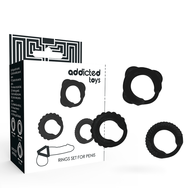 Conjunto de 3 anillos pene negros de ADDICTED TOYS, accesorios de silicona para placer íntimo.
