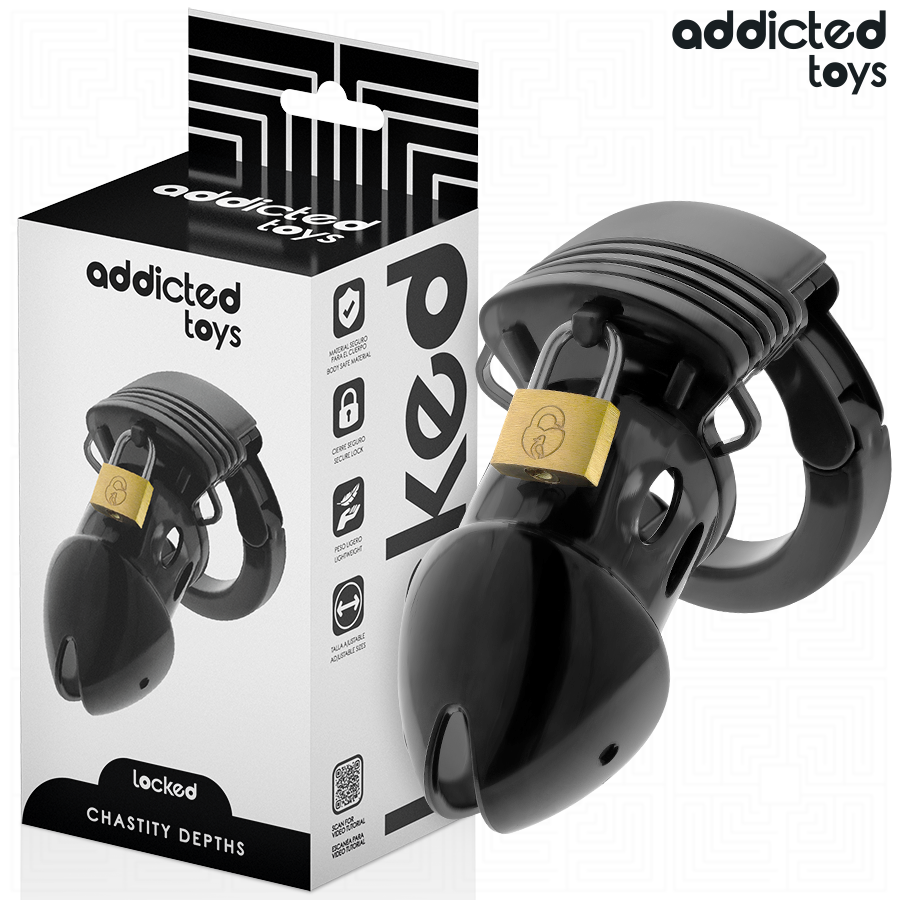 Jaula de chastity ADDICTED TOYS LOCKED para pene de 7,5 cm, con diseño seguro y ajustable, en color negro.