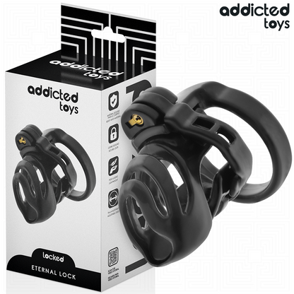 Jaula para pene ADDICTED TOYS LOCKED, tamaño 9 cm, de color negro, con cierres de seguridad y diseño ajustado para restricción segura.
