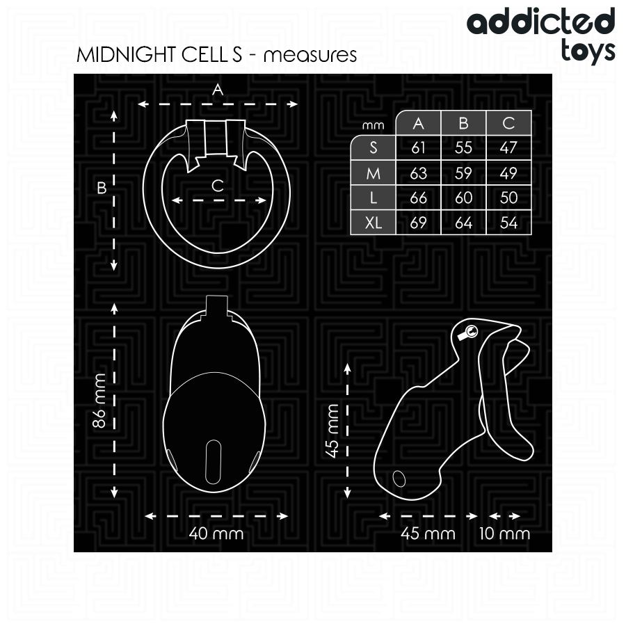 Jaula para pene ADDICTED TOYS LOCKED Mindnight Cell, tamaño S, 4.8 cm, con cierre y diseño seguro para restricción masculina.