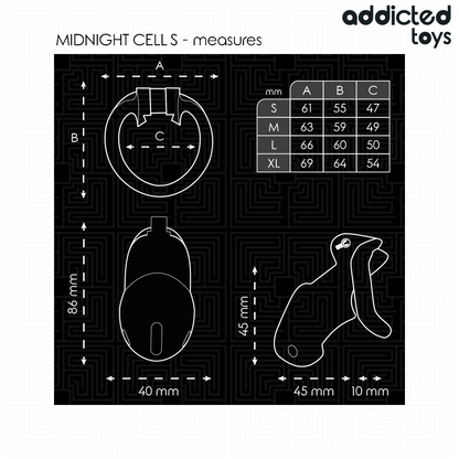 Jaula para pene ADDICTED TOYS LOCKED Mindnight Cell, tamaño S, 4.8 cm, con cierre y diseño seguro para restricción masculina.