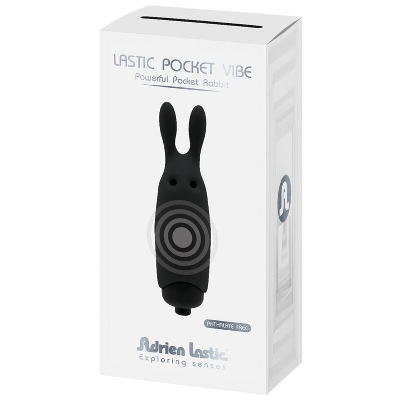 Vibrador de bolsillo ADRIEN LASTIC LASTIC con diseño de conejo negro, compacto y discreto para uso personal.
