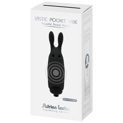 Vibrador de bolsillo ADRIEN LASTIC LASTIC con diseño de conejo negro, compacto y discreto para uso personal.