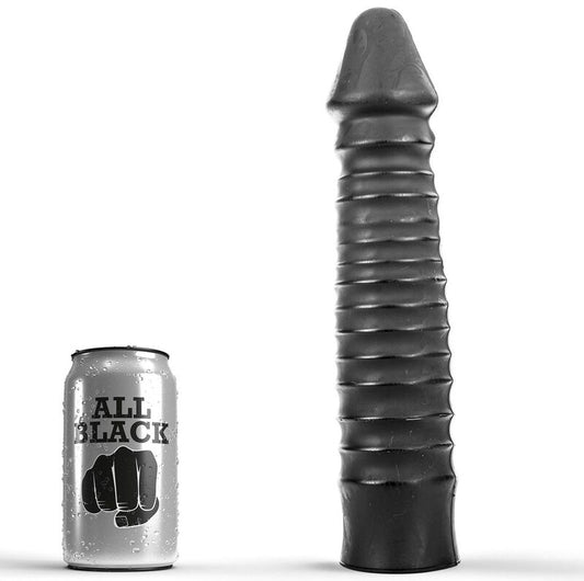 Dildo negro de 26 cm de la marca ALL BLACK, con textura y forma realista, en color negro.