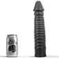 Dildo negro de 26 cm de la marca ALL BLACK, con textura y forma realista, en color negro.