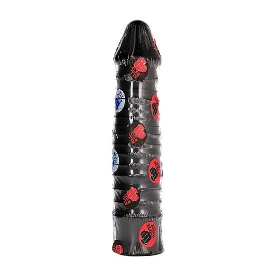 Dildo negro de 26 cm de la marca ALL BLACK, con textura y forma realista, en color negro sólido.