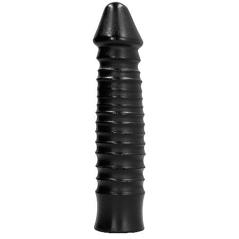 Dildo negro de 26 cm de la marca All Black, con textura suave y forma realista para uso íntimo.