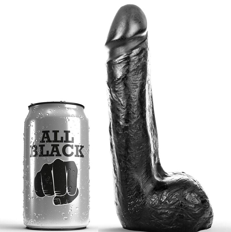 Realistic 20 cm black dildo by ALL BLACK, featuring a smooth texture and lifelike design for enhanced pleasure.
