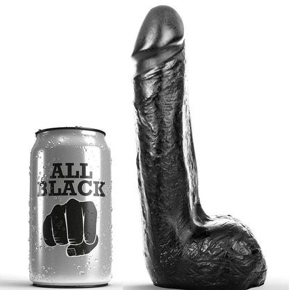 Realistic 20 cm black dildo by ALL BLACK, featuring a smooth texture and lifelike design for enhanced pleasure.