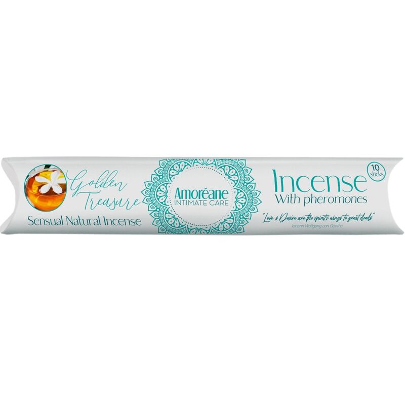Incienso AMOREANE Golden Treasure con feromonas y aroma a jazmín en caja decorativa dorada.