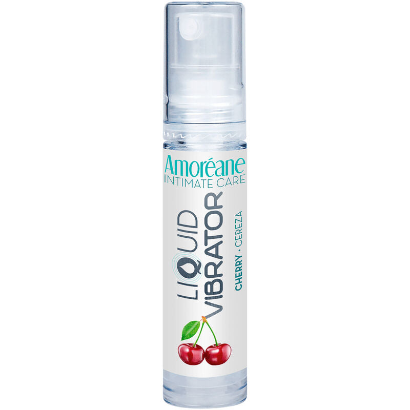 Vaselina líquida vibradora sabor cereza de AMOREANE en envase de 10 ml, ideal para uso personal y estimulante.