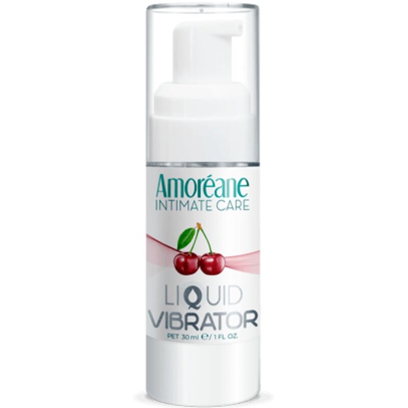 Vibrador líquido de cereza AMOREANE en botella de 30 ml, con diseño y etiqueta visible en la imagen.