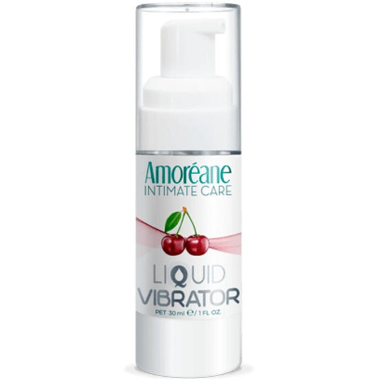 Vibrador líquido de cereza AMOREANE en botella de 30 ml, con diseño y etiqueta visible en la imagen.
