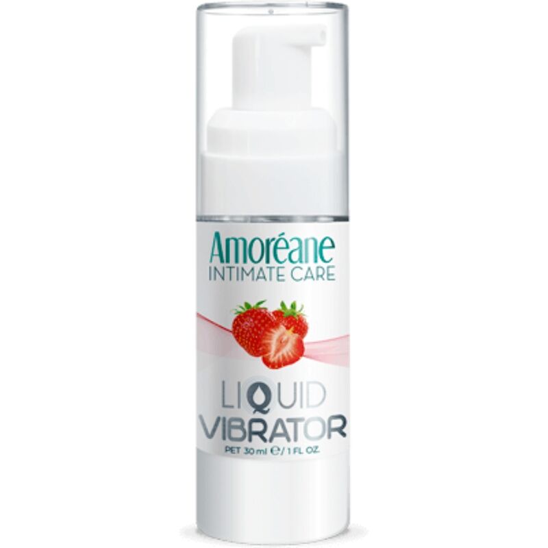 Líquido vibrador de fresa AMOREANE en botella de 30 ml, con empaque y diseño del producto visible.