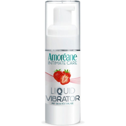 Líquido vibrador de fresa AMOREANE en botella de 30 ml, con empaque y diseño del producto visible.