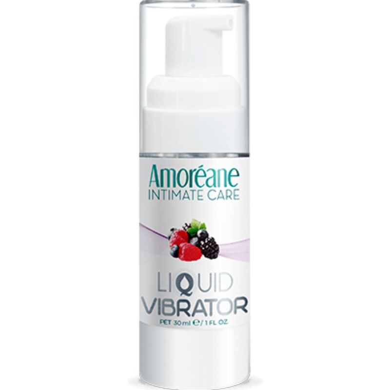 Líquido vibrador de frutos rojos Amoreane en botella de 30 ml, con frascos y etiquetas visibles.