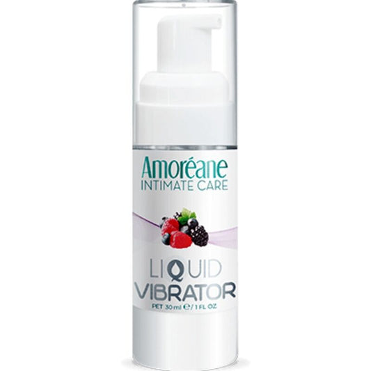 Líquido vibrador de frutos rojos Amoreane en botella de 30 ml, con frascos y etiquetas visibles.