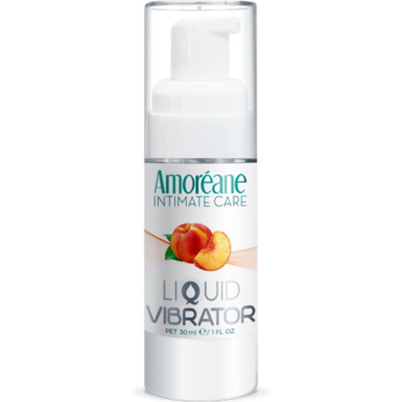 Vibrador líquido de melocotón Amoreane en botella de 30 ml, con textura y aroma frutal visible en la imagen.