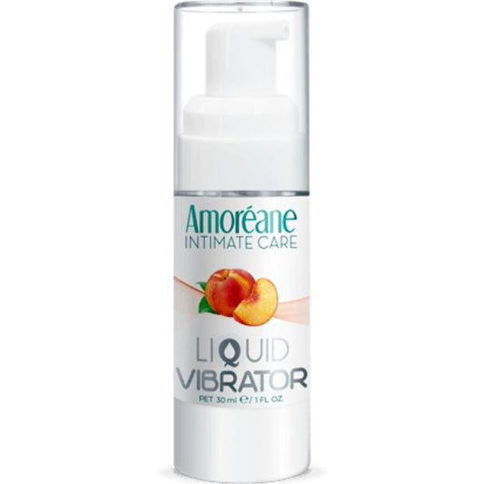 Vibrador líquido de melocotón Amoreane en botella de 30 ml, con textura y aroma frutal visible en la imagen.