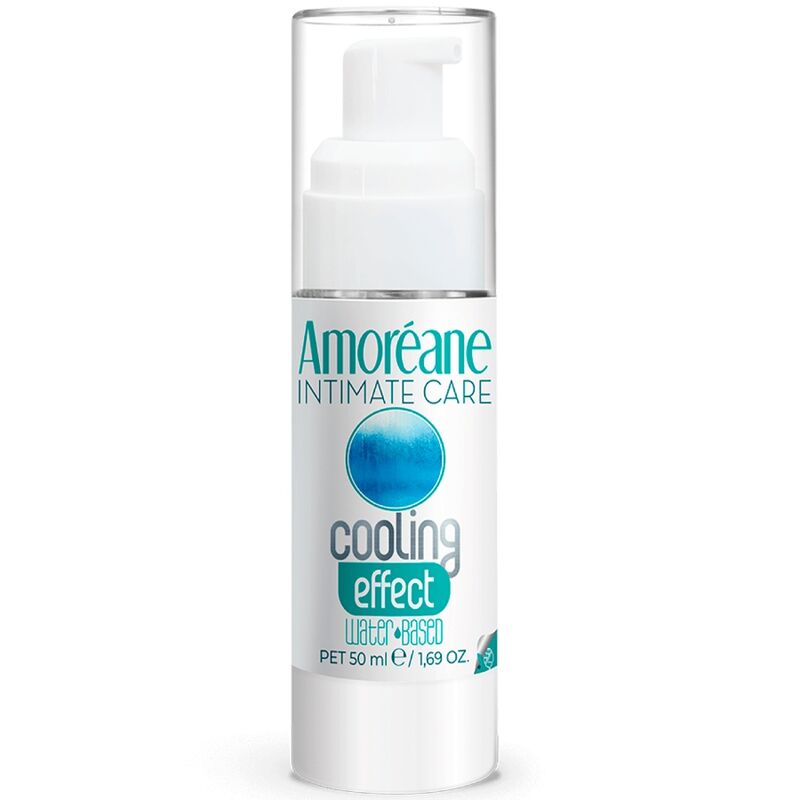 Lubricante de base de agua AMOREANE con efecto frío en botella de 50 ml, textura suave y sensación refrescante.