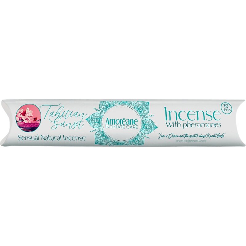 Incienso AMOREANE Tahitian Sunset con feromonas, aroma floral y fragancia suave, en envase decorativo.