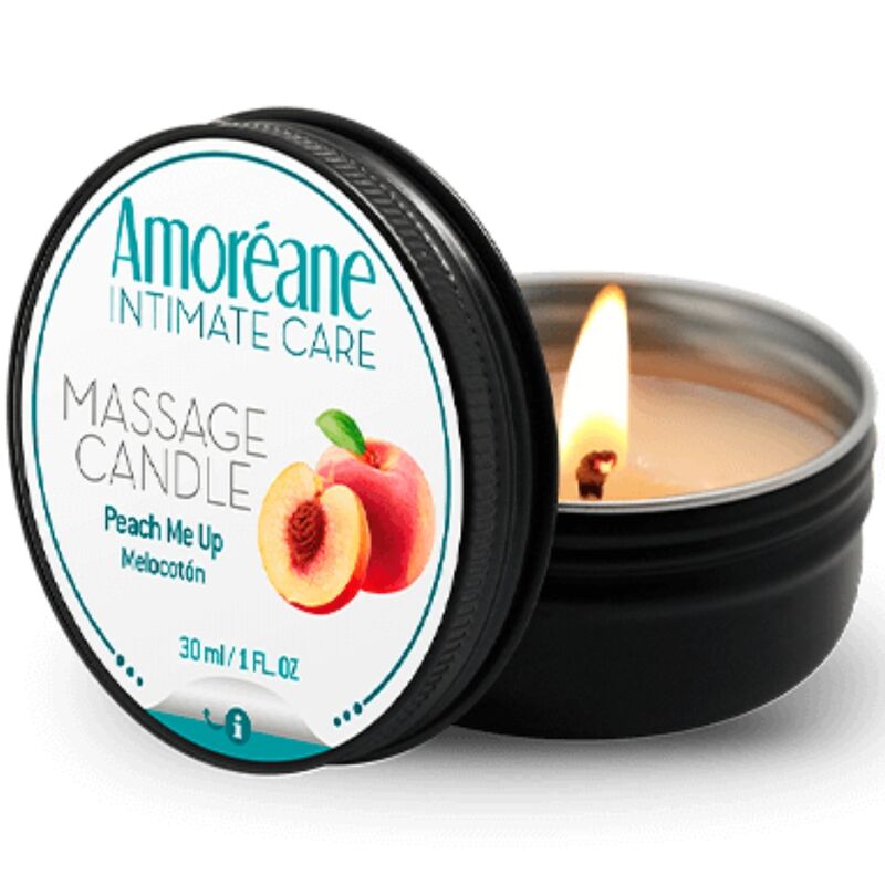 Vela de masaje AMOREANE de melocotón, 30 ml, con cera aromática y suave para relajación y cuidado de la piel.
