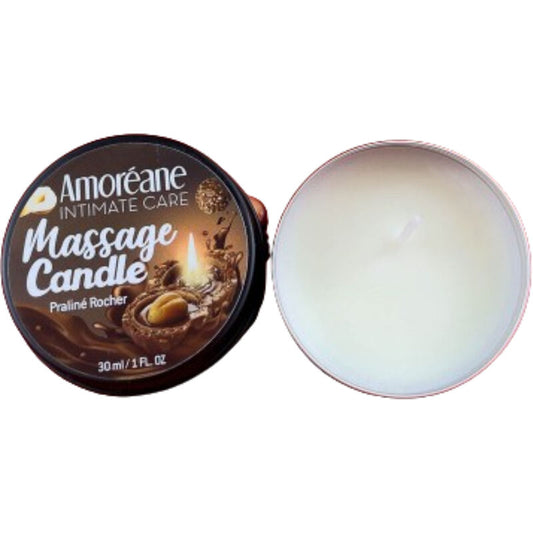 Vela de masaje Praliné Roché de 30 ml de la marca AMOREANE, con cera y fragancia para relajación y cuidado de la piel.