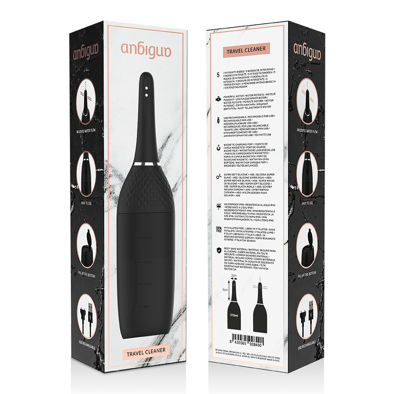 Limpiador anal automático ANBIGUO Ultimate con control de 5 intensidades, en color negro con pantalla y accesorios.