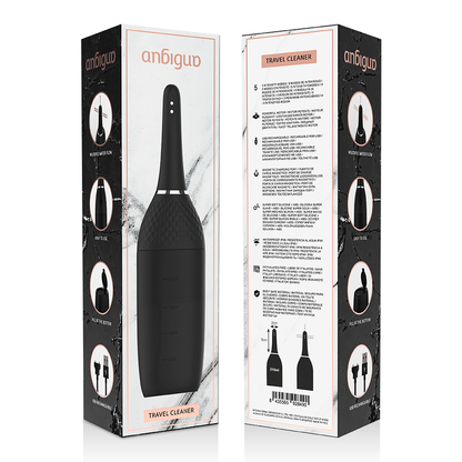 Limpiador anal automático ANBIGUO Ultimate con control de 5 intensidades, en color negro con pantalla y accesorios.