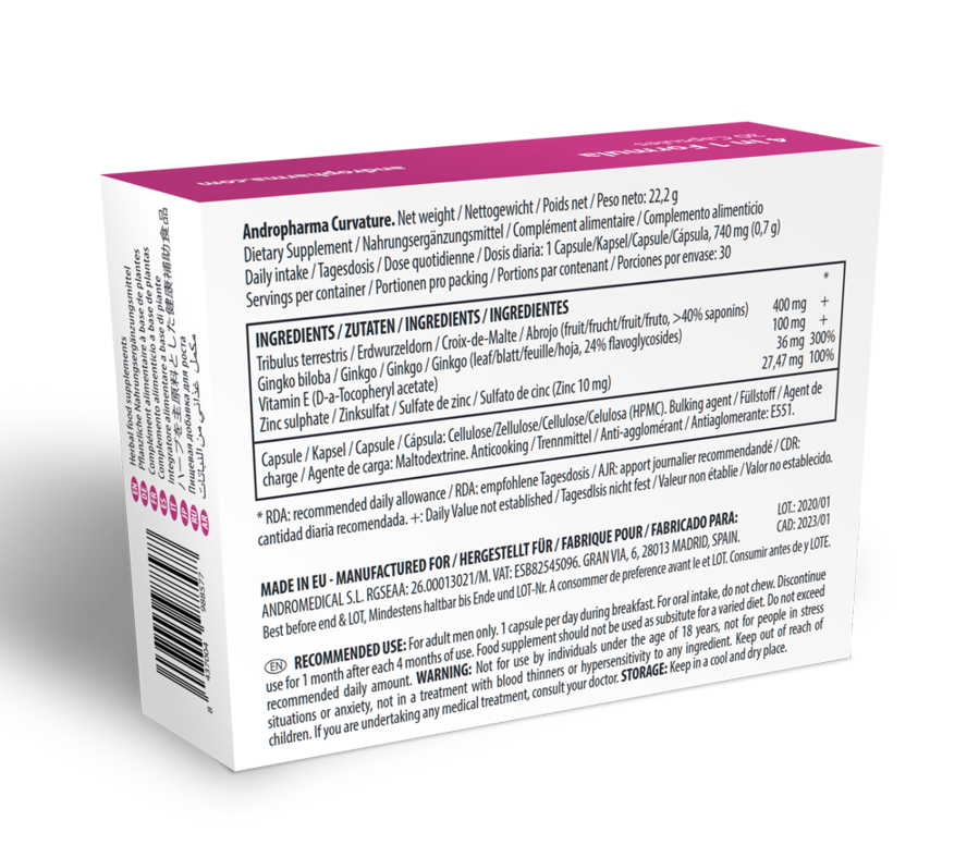 Andropharma Curvature dietary supplement for men's wellness in a bottle with label featuring brand ANDRO MEDICAL.