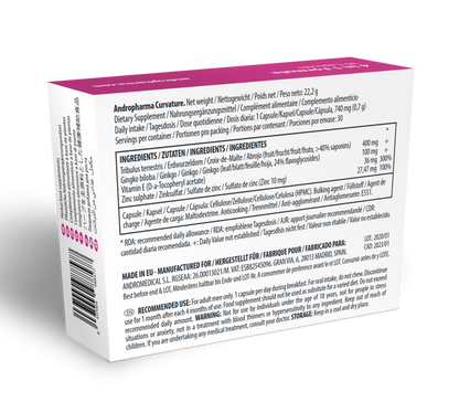 Andropharma Curvature dietary supplement for men's wellness in a bottle with label featuring brand ANDRO MEDICAL.