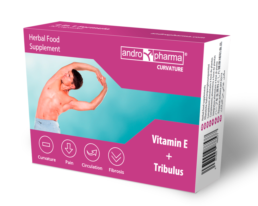 Andropharma Curvature dietary supplement for male wellness, featuring capsules in a clear bottle against a neutral background.