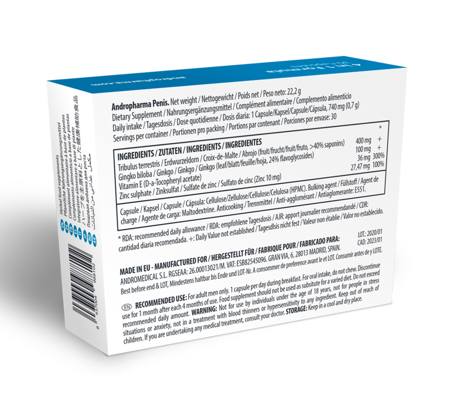 Suplemento herbal Andropharma Penis de ANDRO MEDICAL para el bienestar masculino, con envase y cápsulas visibles.