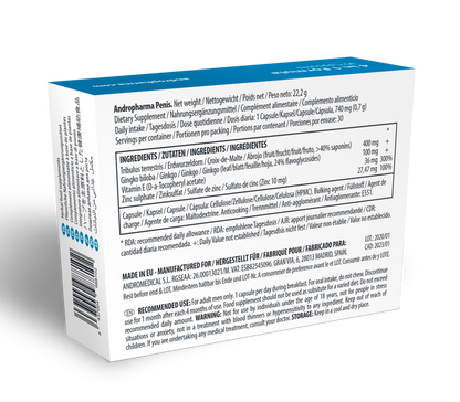 Suplemento herbal Andropharma Penis de ANDRO MEDICAL para el bienestar masculino, con envase y cápsulas visibles.