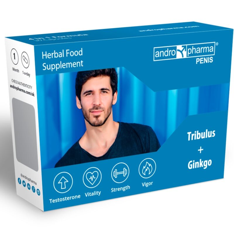 Complemento herbal para el bienestar masculino, botella de Andropharma Penis de la marca ANDRO MEDICAL, suplemento alimenticio natural.
