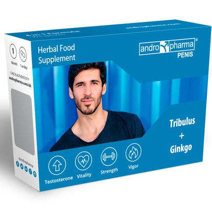Complemento herbal para el bienestar masculino, botella de Andropharma Penis de la marca ANDRO MEDICAL, suplemento alimenticio natural.