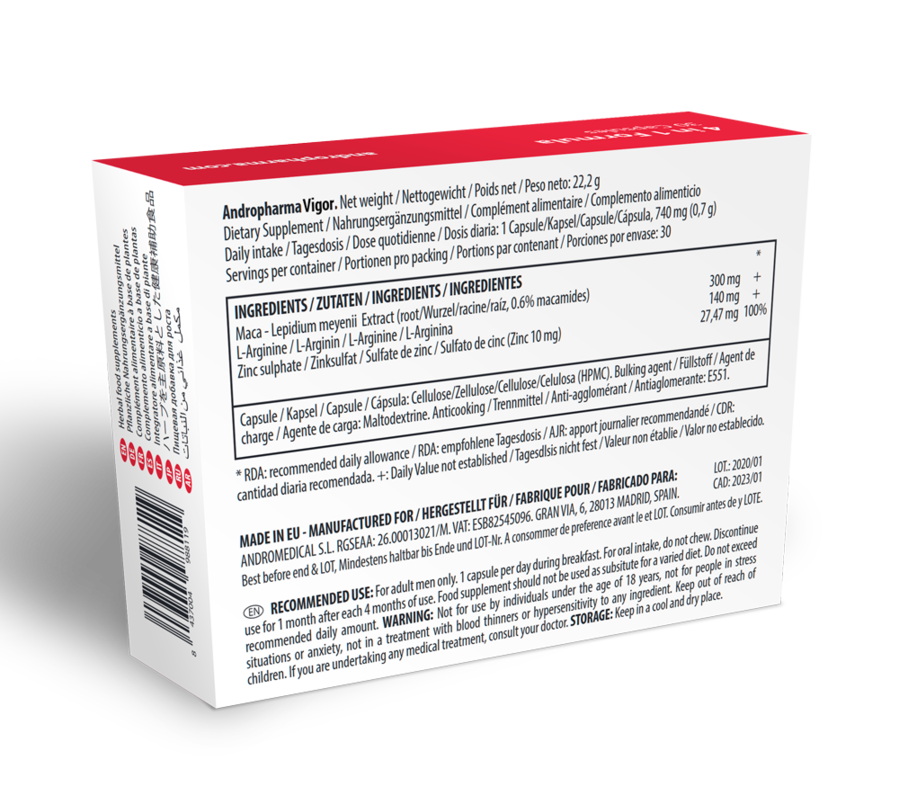 Suplemento herbal Andropharma Vigor para la libido masculina, frascos con cápsulas de color en fondo neutro.