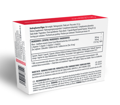 Suplemento herbal Andropharma Vigor para la libido masculina, frascos con cápsulas de color en fondo neutro.