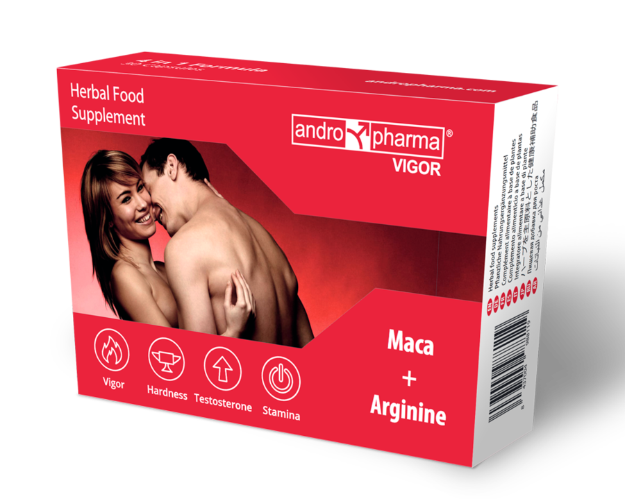 Complemento herbal Andropharma Vigor de ANDRO MEDICAL para la libido masculina, envase con cápsulas y etiqueta visible.