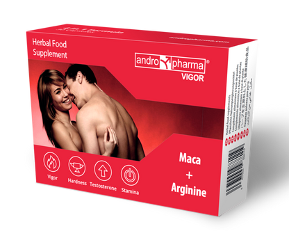 Complemento herbal Andropharma Vigor de ANDRO MEDICAL para la libido masculina, envase con cápsulas y etiqueta visible.