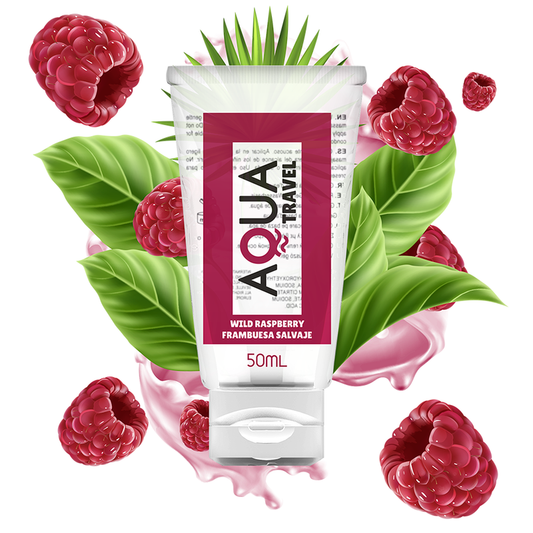 Lubricante base agua AQUA TRAVEL sabor frambuesa salvaje, envase de 50 ml con botella y etiqueta visible.