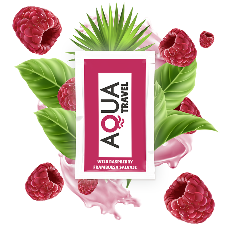 Lubricante base agua sabor frambuesa salvaje AQUA TRAVEL en envase de 6 ml, ideal para mayor comodidad y placer.