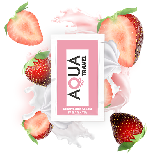 Lubricante base agua AQUA TRAVEL sabor fresa y nata, envase de 6 ml, con sabor dulce y textura suave para mayor comodidad