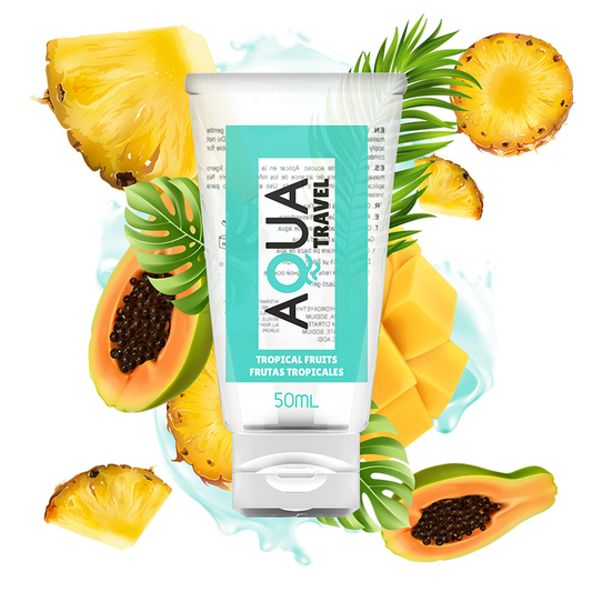 Lubricante base agua sabor frutas tropicales AQUA TRAVEL, envase de 50 ml con botella transparente y etiqueta colorida.