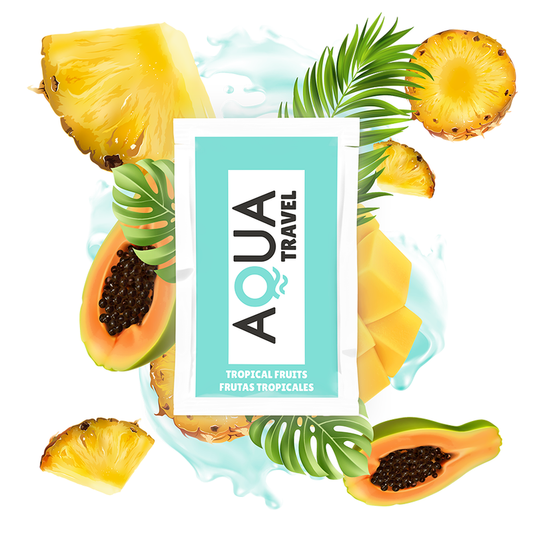 Lubricante de agua sabor frutas tropicales de la marca AQUA TRAVEL, en envase de 6 ml, con color y textura visible en la imagen.