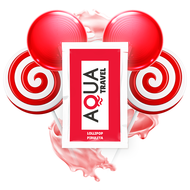 Lubricante base agua con sabor a piruleta de AQUA TRAVEL, frasco de 6 ml, para uso íntimo y sensorial.