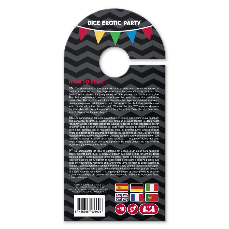 Juego de 5 dados de fiesta erótica de la marca ARIA, con diseños coloridos y símbolos para juegos íntimos y divertidos.