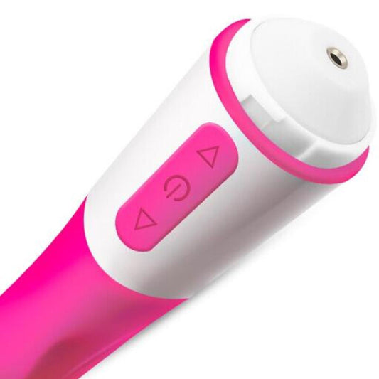 Vibrador y estimulador recargable ARMONY HAPPY en color fucsia, con diseño compacto y ergonómico para placer personal.