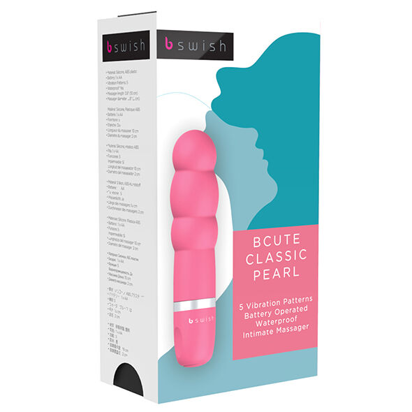 B SWISH BCUTE CLASSIC PEARL ROSA, a sleek pink vibrator with a smooth finish and curved design for pleasure.