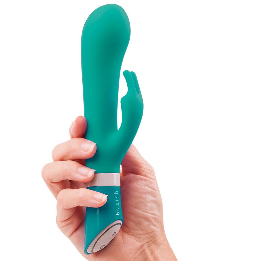 B SWISH BWILD DELUXE Bunny Rabbit Vibrator in jade, showcasing its sleek design and dual stimulation features.
